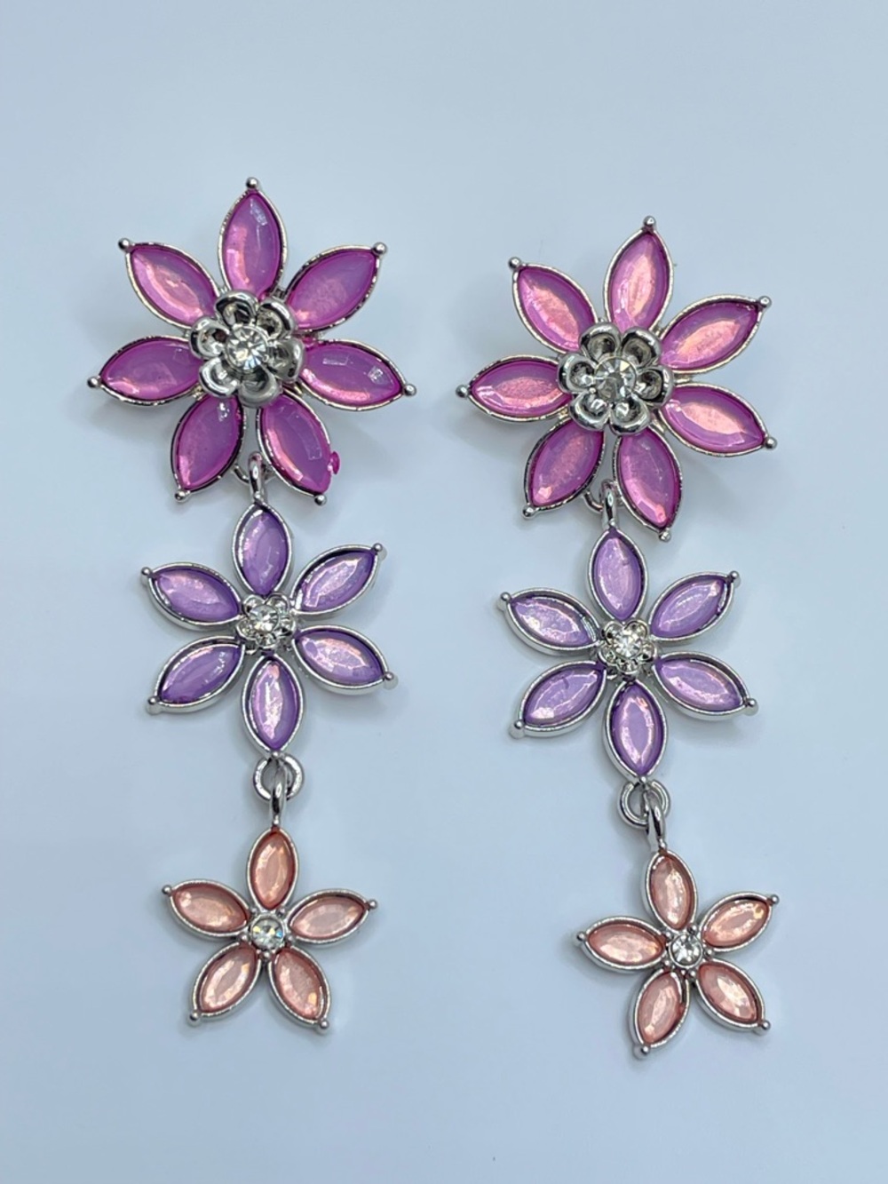 Silver Tone Pink Purple Flower Dangle Earrings Statement Floral